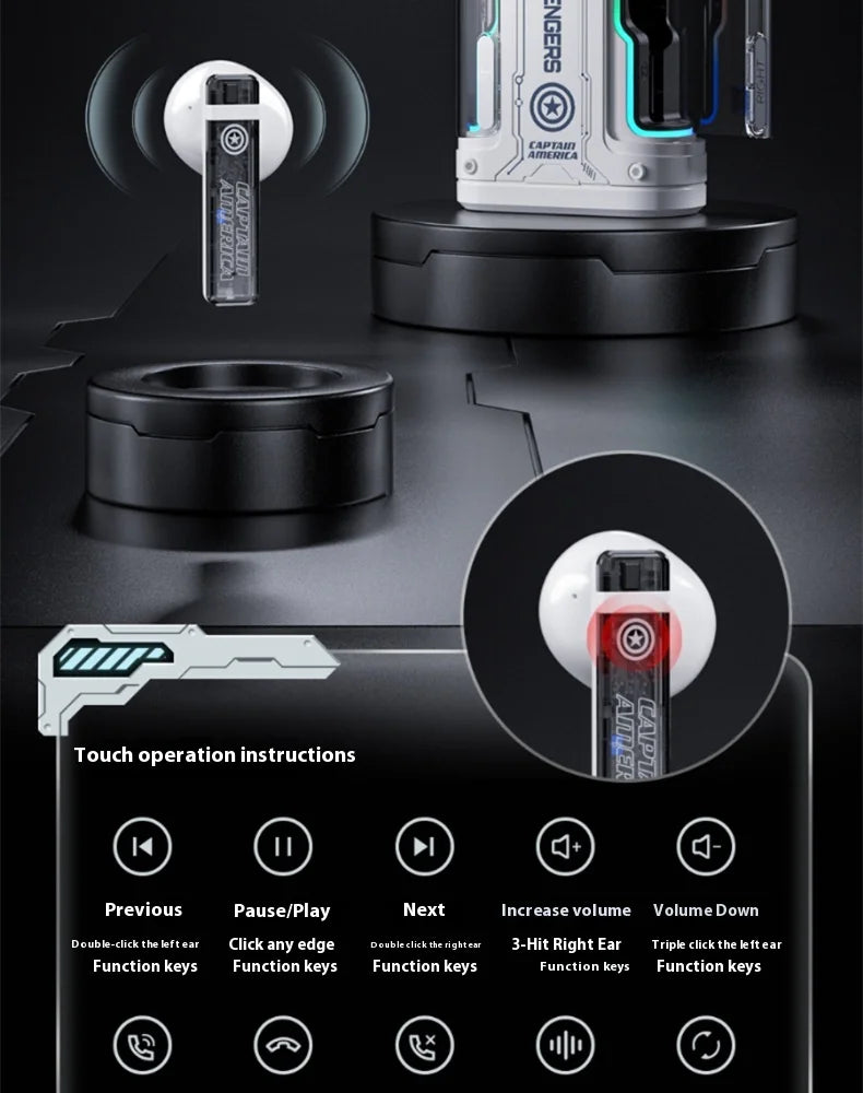 Genuine Marvel Iron Man Captain America Black Panther Mecha Audio Bluetooth Headphones Semi-In-Ear Radio Sports Games Noise Red