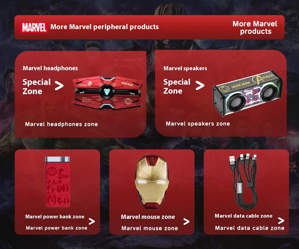 Genuine Marvel Iron Man Captain America Black Panther Mecha Audio Bluetooth Headphones Semi-In-Ear Radio Sports Games Noise Red