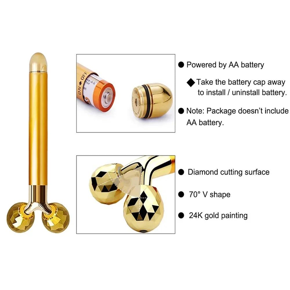 24KGlod Electric Face Massager 3D Roller 2 in 1 Face Pulse T Massager Kit Arm Eye Nose Massager Skin Care Tools