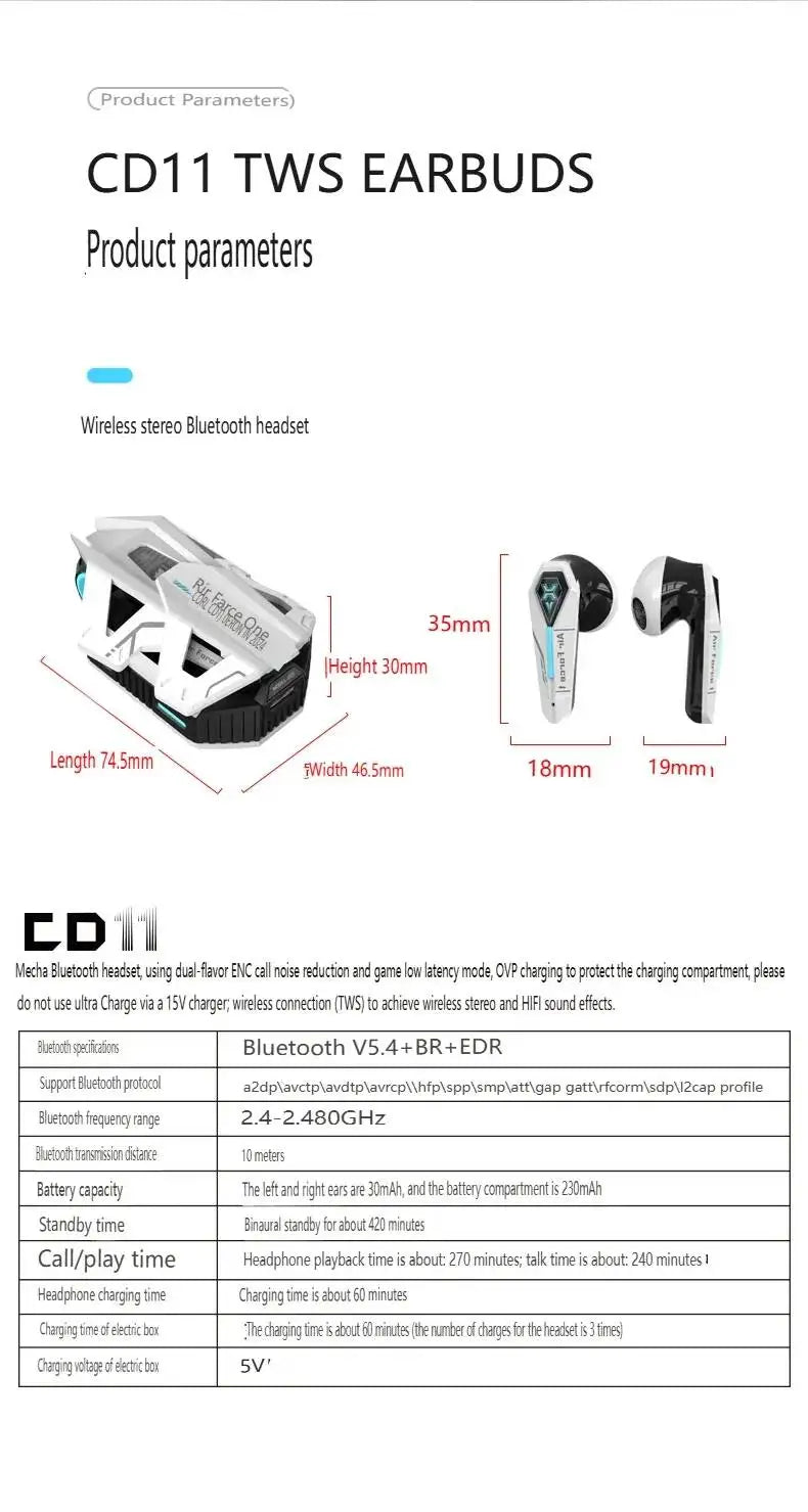 Wireless Bluetooth 5.4 Mecha Space Beetle Headset Transform Charging Case In-Ear Call Noise Cancellation RGB Hifi Gaming Earbuds