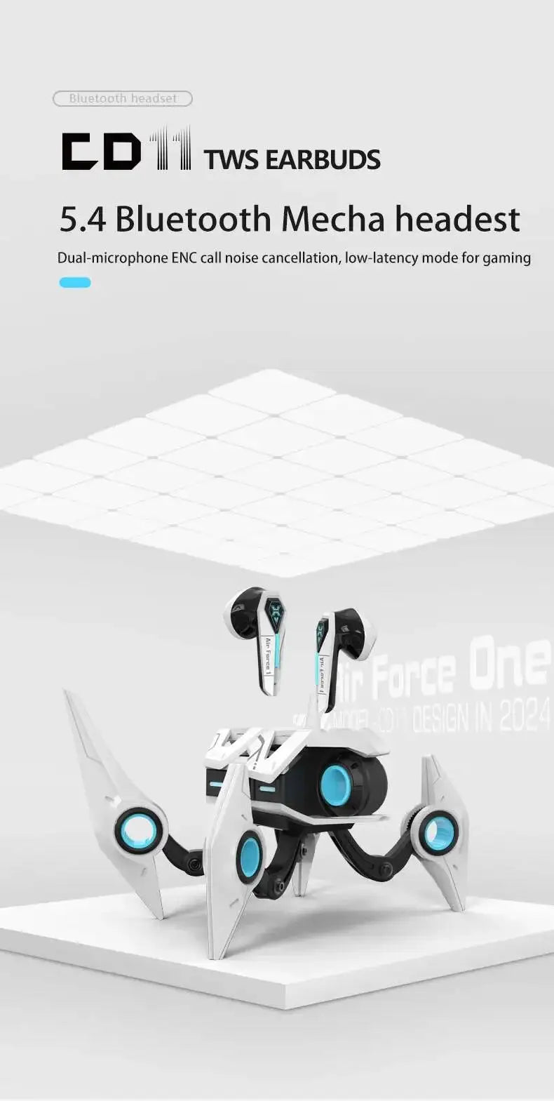 Wireless Bluetooth 5.4 Mecha Space Beetle Headset Transform Charging Case In-Ear Call Noise Cancellation RGB Hifi Gaming Earbuds
