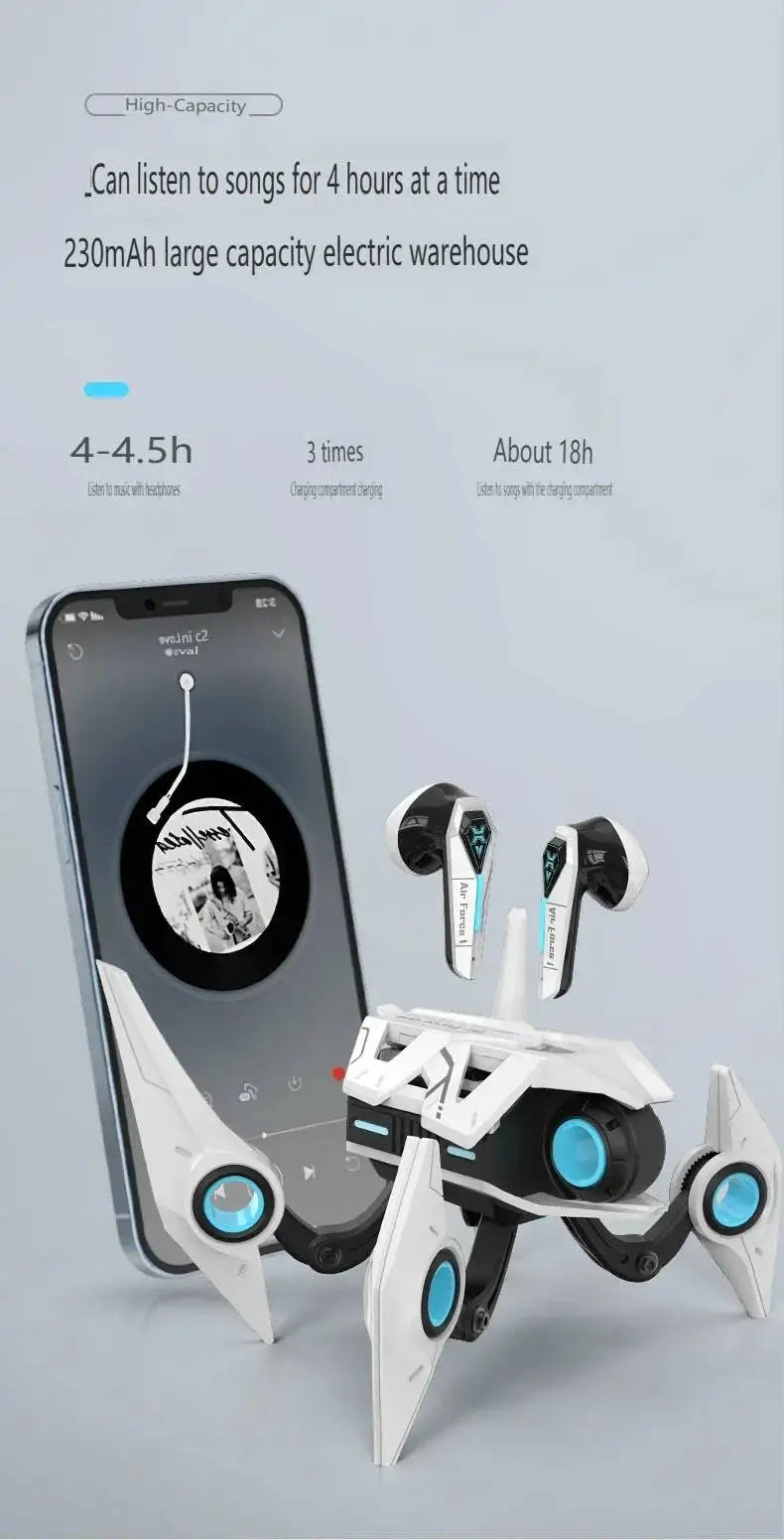 Wireless Bluetooth 5.4 Mecha Space Beetle Headset Transform Charging Case In-Ear Call Noise Cancellation RGB Hifi Gaming Earbuds
