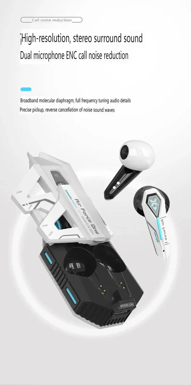Wireless Bluetooth 5.4 Mecha Space Beetle Headset Transform Charging Case In-Ear Call Noise Cancellation RGB Hifi Gaming Earbuds