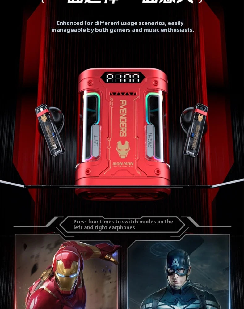 Genuine Marvel Iron Man Captain America Black Panther Mecha Audio Bluetooth Headphones Semi-In-Ear Radio Sports Games Noise Red