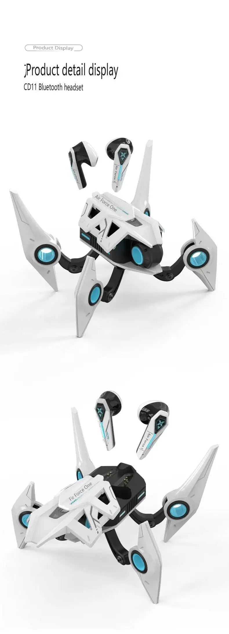 Wireless Bluetooth 5.4 Mecha Space Beetle Headset Transform Charging Case In-Ear Call Noise Cancellation RGB Hifi Gaming Earbuds