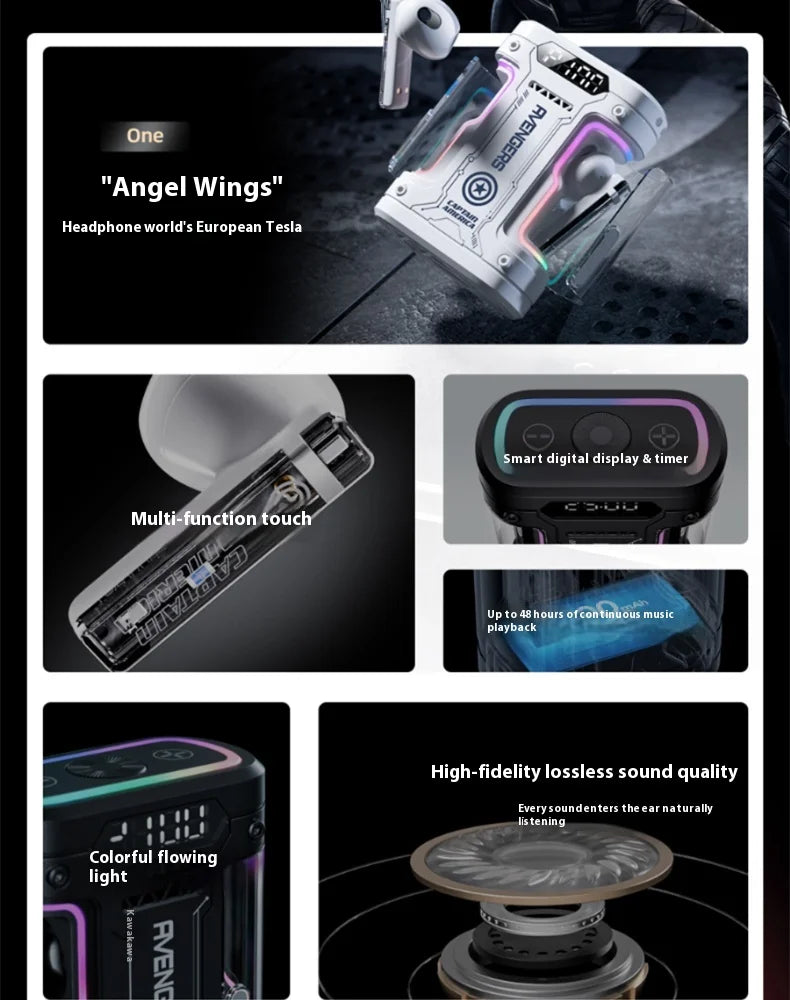 Genuine Marvel Iron Man Captain America Black Panther Mecha Audio Bluetooth Headphones Semi-In-Ear Radio Sports Games Noise Red