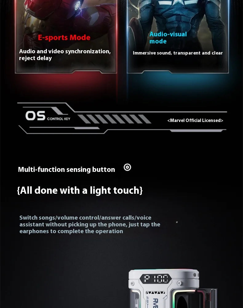 Genuine Marvel Iron Man Captain America Black Panther Mecha Audio Bluetooth Headphones Semi-In-Ear Radio Sports Games Noise Red