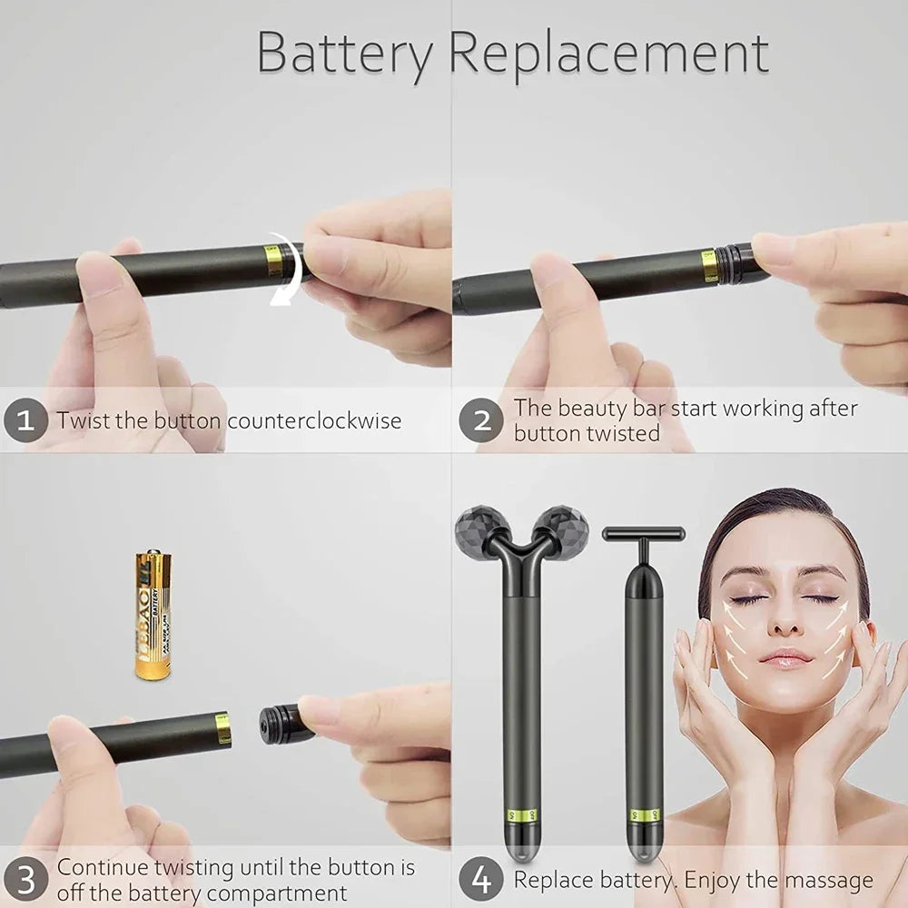 24KGlod Electric Face Massager 3D Roller 2 in 1 Face Pulse T Massager Kit Arm Eye Nose Massager Skin Care Tools